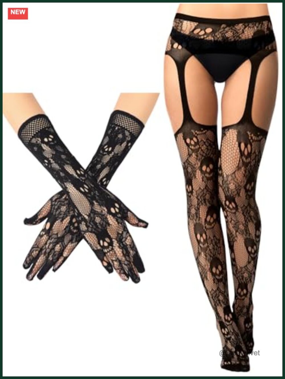 Fishnet Lace Gloves Stockings Set Spandex Nylon Thigh High Garter Hosiery